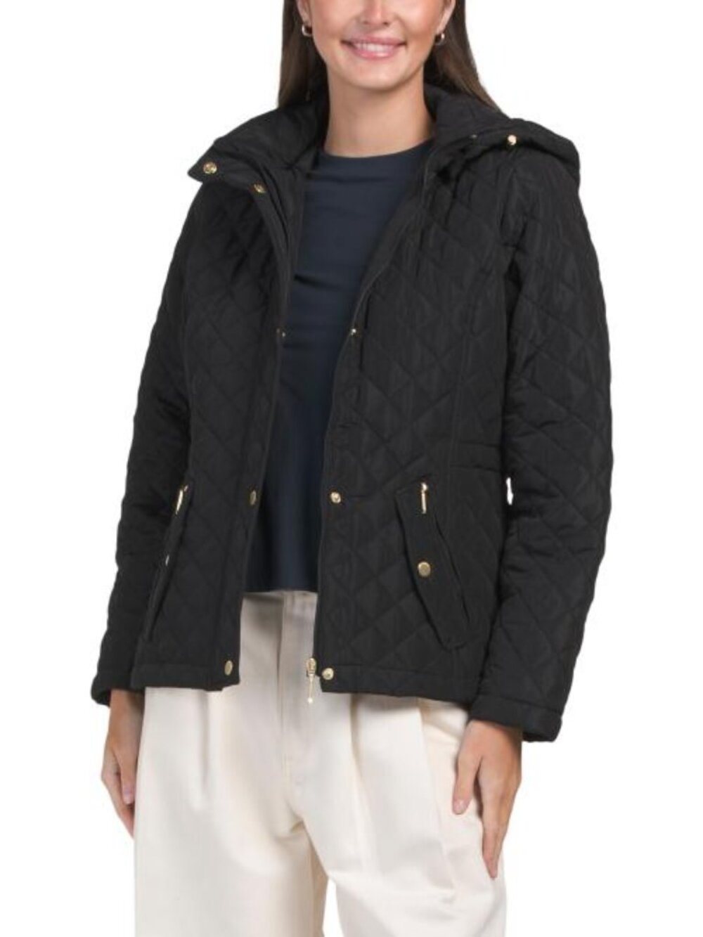 WEATHERPROOF Quilted Jacket With Detachable Hood And Plaid Yoke Lining